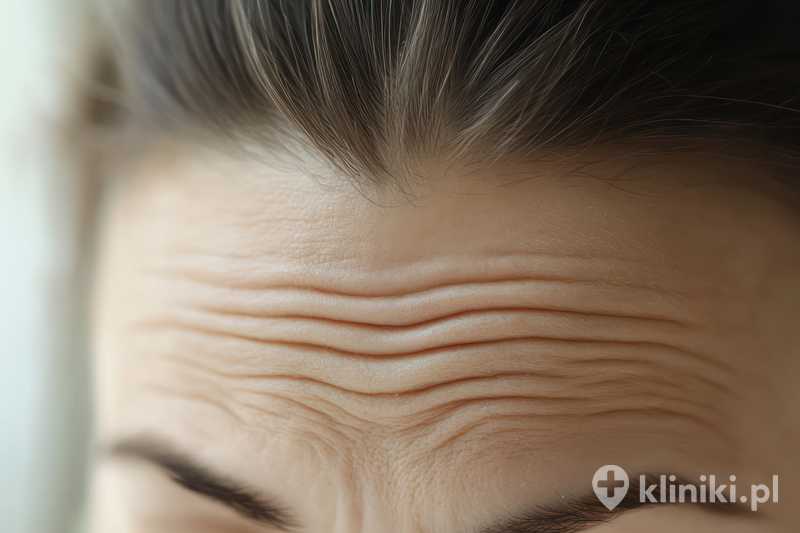 Zbliżenie na czoło kobiety, uwydatniające głębokie zmarszczki, oznaki starzenia Zbliżenie na czoło kobiety, uwydatniające głębokie zmarszczki, oznaki starzenia