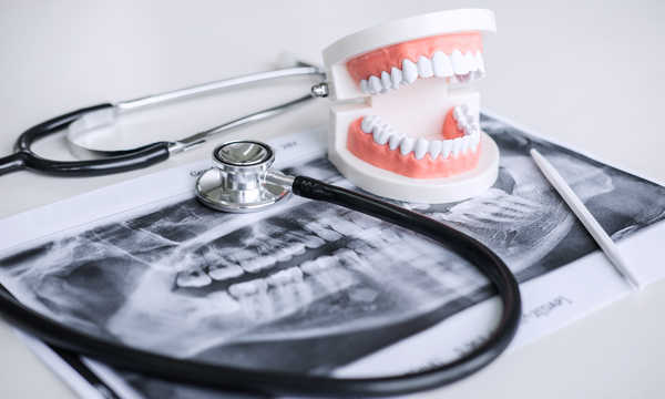 Model stomatologiczny i sprzęt, zdjęcie rentgenowskie zęba oraz stetoskop wykorzystywane przez stomatologa w leczeniu stomatologicznym Model stomatologiczny i sprzęt, zdjęcie rentgenowskie zęba oraz stetoskop wykorzystywane przez stomatologa w leczeniu stomatologicznym