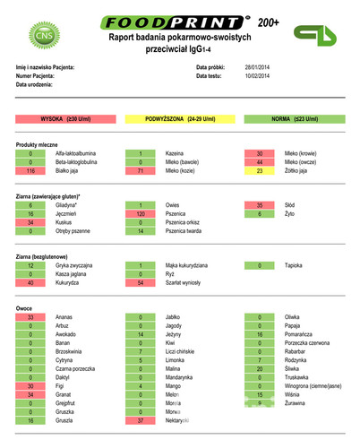Przykładowy raport z wynikami testu Food Print 200