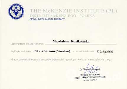 Diagnozowanie i leczenie zespołów bólowych kręgosłupa i kończyn metodą McKenziego - Kurs D Diagnozowanie i leczenie zespołów bólowych kręgosłupa i kończyn metodą McKenziego - Kurs D