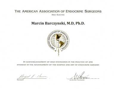 Certyfikat członkostwa dr M. Barczyńskiego w American Association of Endocrine Surgeons Certyfikat członkostwa dr M. Barczyńskiego w American Association of Endocrine Surgeons