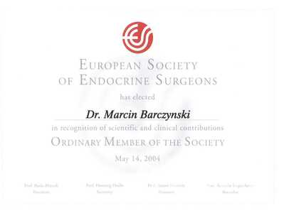 Certyfikat członkostwa dr M. Barczyńskiego w European Society of Endocrine Surgeons Certyfikat członkostwa dr M. Barczyńskiego w European Society of Endocrine Surgeons