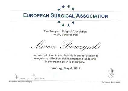 Certyfikat członkostwa dr M. Barczyńskiego w European Surgical Association Certyfikat członkostwa dr M. Barczyńskiego w European Surgical Association