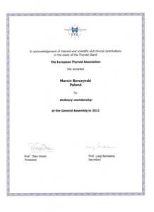 Certyfikat członkostwa dr M. Barczyńskiego w European Thyroid Association Certyfikat członkostwa dr M. Barczyńskiego w European Thyroid Association