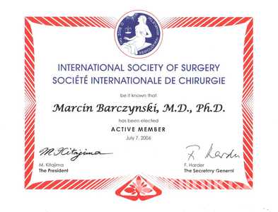 Certyfikat członkostwa dr M. Barczyńskiego w International Society of Surgery Certyfikat członkostwa dr M. Barczyńskiego w International Society of Surgery